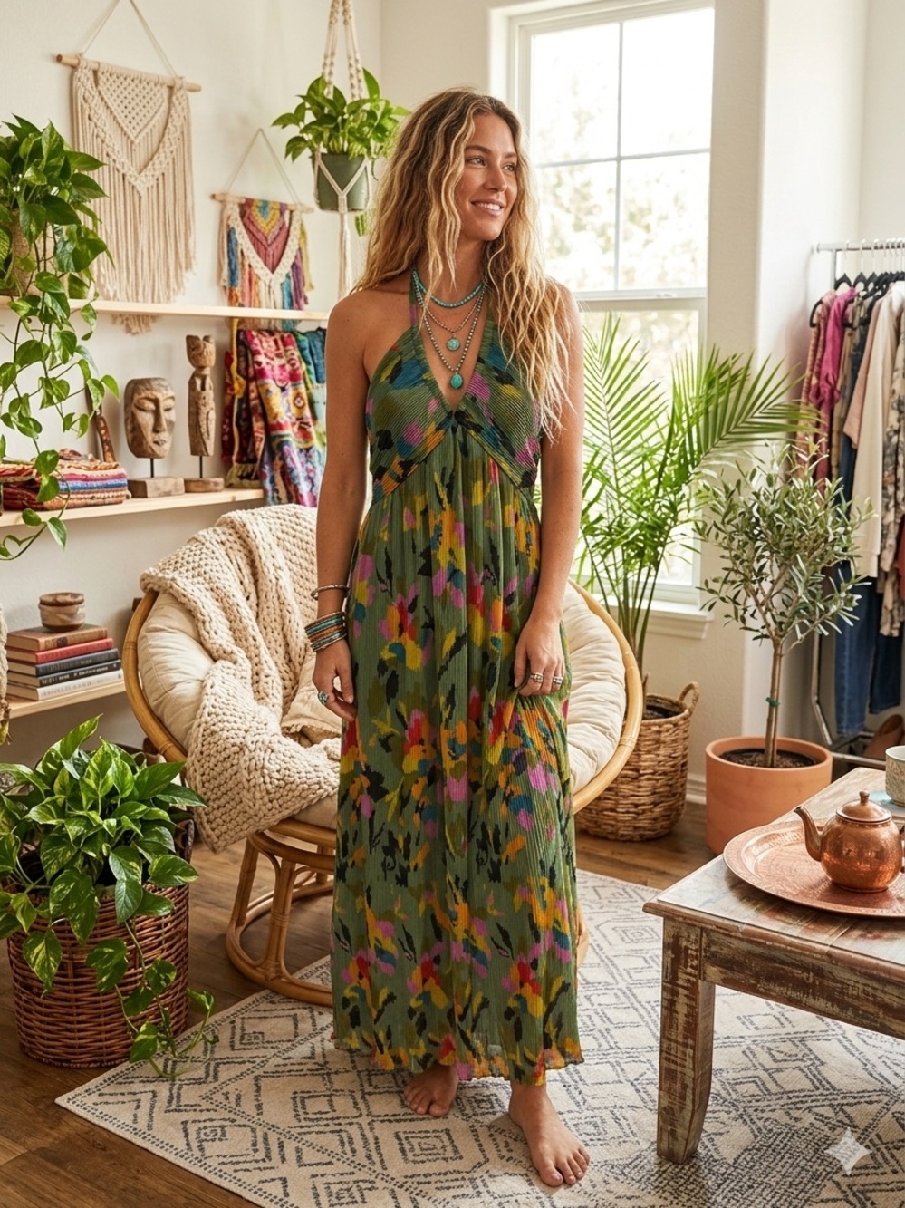 Sincerely Jules Green Floral Halter Maxi Dress